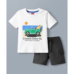 Babyhug 100% Cotton Single Jersey Knit Half Sleeves T-Shirt & Shorts Set With Car Print - White & Charcoal