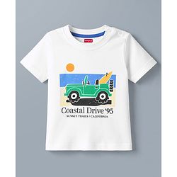 Babyhug 100% Cotton Single Jersey Knit Half Sleeves T-Shirt & Shorts Set With Car Print - White & Charcoal