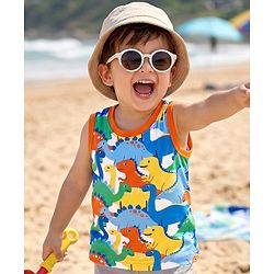 Babyhug Cotton Knit Sleeveless Tank T-Shirt With Dino Print - Multicolor