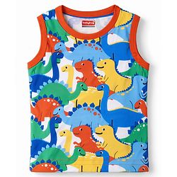 Babyhug Cotton Knit Sleeveless Tank T-Shirt With Dino Print - Multicolor