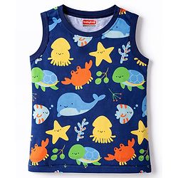 Babyhug Cotton Knit Sleeveless Tank T-Shirt With Sea Animals Print - Multicolor