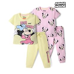 Babyhug Disney Single Jersey Knit Half Sleeves Co-Ords T-Shirt & Pyjama Night Suit with Minnie Mouse Graphic Pack of 2 - Pink & Green