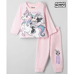 Babyhug Disney Single Jersey Knit Full Sleeves T-Shirt & Pyjama Night Suit with Unicorn & Minnie Mouse Print - Pink