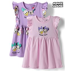 Babyhug Disney Single Jersey Knit Frill Sleeves With Minnie Mouse & Friend Graphics Pack of 2 - Pink & Lavender