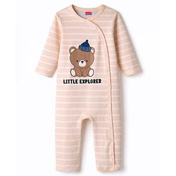 Babyhug 100% Cotton Knit Full Sleeves Front Open Striped Romper with Bear Print - Brown