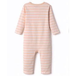 Babyhug 100% Cotton Knit Full Sleeves Front Open Striped Romper with Bear Print - Brown