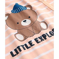 Babyhug 100% Cotton Knit Full Sleeves Front Open Striped Romper with Bear Print - Brown