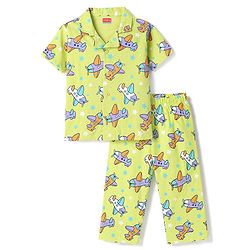Babyhug Cotton Knit Half Sleeves Aeroplane Printed Co-Ords Shirt & Pyjama Night Suit - Yellow
