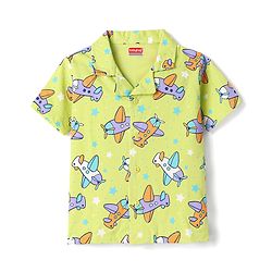 Babyhug Cotton Knit Half Sleeves Aeroplane Printed Co-Ords Shirt & Pyjama Night Suit - Yellow
