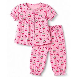 Babyhug 100% Cotton Knit Half Sleeves Top & Pyjama Co-ords Night Suit With Strawberry Print - Pink