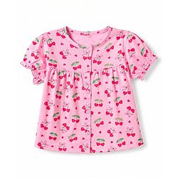 Babyhug 100% Cotton Knit Half Sleeves Top & Pyjama Co-ords Night Suit With Strawberry Print - Pink