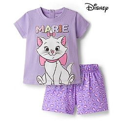 Babyhug Disney Single Jersey Knit Half Sleeves T-Shirt & Shorts Night Suit with Marie Graphics - Lilac