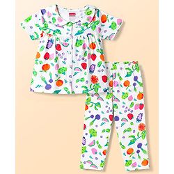 Babyhug Cotton Knit Half Sleeves Tropical Theme Printed Co-Ords Top & Pyjama Night Suit - White