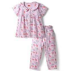 Babyhug Cotton Knit Half Sleeves Animal Printed Co-Ords Top & Pyjama Night Suit - Light Pink