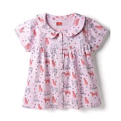 Babyhug Cotton Knit Half Sleeves Animal Printed Co-Ords Top & Pyjama Night Suit - Light Pink