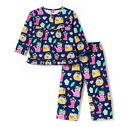 Babyhug Cotton Knit Full Sleeves Floral Printed Co-Ords Top & Pyjama Night Suit - Navy Blue