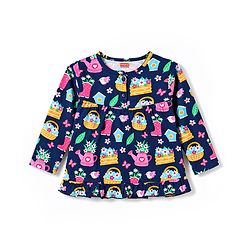 Babyhug Cotton Knit Full Sleeves Floral Printed Co-Ords Top & Pyjama Night Suit - Navy Blue