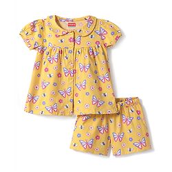 Babyhug 100% Cotton Knit Half Sleeves Floral & Butterfly Printed Co-Ords Top & Shorts Night Suit - Orange