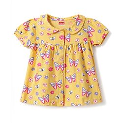 Babyhug 100% Cotton Knit Half Sleeves Floral & Butterfly Printed Co-Ords Top & Shorts Night Suit - Orange
