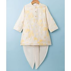 Babyhug Chanderi Woven Full Sleeves Kurta Dhoti Set with Floral Embroidery - White