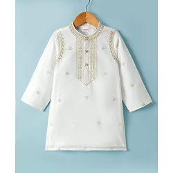 Babyhug Cotton Blend Woven Full Sleeves Kurta Dhoti Set With Floral Embroidery - White