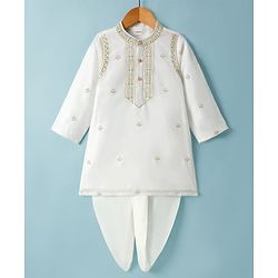 Babyhug Cotton Blend Woven Full Sleeves Kurta Dhoti Set With Floral Embroidery - White