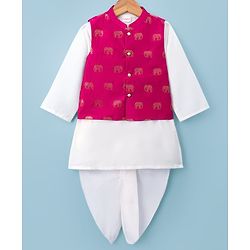 Babyhug Cotton Blend Woven Full Sleeves Solid Kurta & Dhoti Set With Elephant Printed Jacket - OffWhite