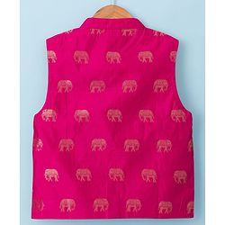 Babyhug Cotton Blend Woven Full Sleeves Solid Kurta & Dhoti Set With Elephant Printed Jacket - OffWhite