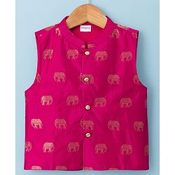 Babyhug Cotton Blend Woven Full Sleeves Solid Kurta & Dhoti Set With Elephant Printed Jacket - OffWhite