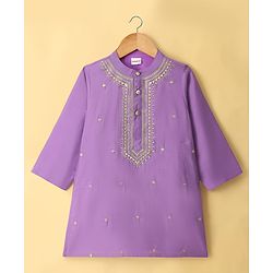 Babyhug Chanderi Woven Full Sleeves Kurta Dhoti Set with Embroidery - Purple
