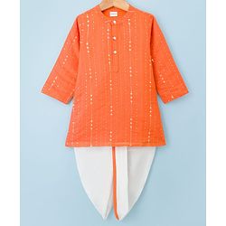 Babyhug Chanderi Woven Full Sleeves Kurta Dhoti Set With Sequin Detailing - Orange