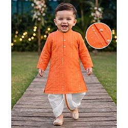 Babyhug Chanderi Woven Full Sleeves Kurta Dhoti Set With Sequin Detailing - Orange