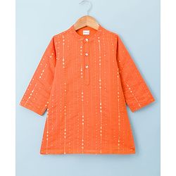 Babyhug Chanderi Woven Full Sleeves Kurta Dhoti Set With Sequin Detailing - Orange