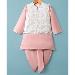 Babyhug Cotton Blend Woven Full Sleeves Kurta Dhoti Set With Sequinned Jacket - Peach