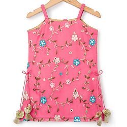 Babyhug Organaza Woven Sleeveless Floral Embroidered Kurti & Sharara Set With Dupatta - Pink
