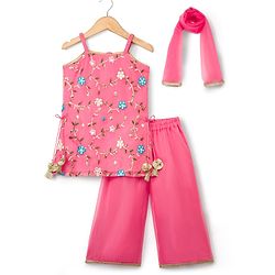 Babyhug Organaza Woven Sleeveless Floral Embroidered Kurti & Sharara Set With Dupatta - Pink