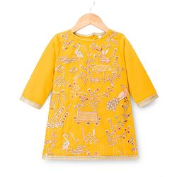 Babyhug Georgette Woven Full Sleeves Floral Embroidered Kurti Sharara Set With Dupatta - Yellow