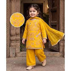 Babyhug Georgette Woven Full Sleeves Floral Embroidered Kurti Sharara Set With Dupatta - Yellow