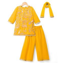 Babyhug Georgette Woven Full Sleeves Floral Embroidered Kurti Sharara Set With Dupatta - Yellow