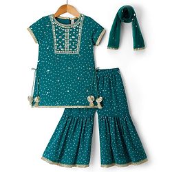 Babyhug Georgette Woven Half Sleeves Printed Kurti Gharara Set With Floral Embroidery & Dupatta - Mint Green