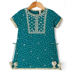 Babyhug Georgette Woven Half Sleeves Printed Kurti Gharara Set With Floral Embroidery & Dupatta - Mint Green