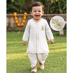 Babyhug Cotton Blend Woven Full Sleeves Kurta Dhoti Set With Floral Embroidery - White