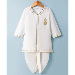 Babyhug Cotton Blend Woven Full Sleeves Kurta Dhoti Set With Floral Embroidery - White