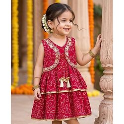 Babyhug Georgette Woven Sleeveless Ethnic Dress With With Bandhani Print & Shrug - Red