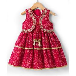 Babyhug Georgette Woven Sleeveless Ethnic Dress With With Bandhani Print & Shrug - Red