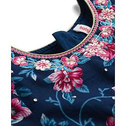 Babyhug Cambric Woven Half Sleeves Ethnic Dress with Floral Print & Embroidery - Navy Blue