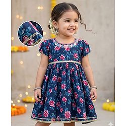 Babyhug Cambric Woven Half Sleeves Ethnic Dress with Floral Print & Embroidery - Navy Blue