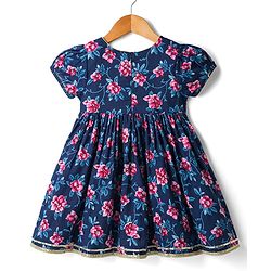 Babyhug Cambric Woven Half Sleeves Ethnic Dress with Floral Print & Embroidery - Navy Blue