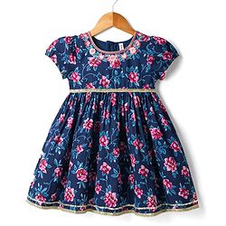 Babyhug Cambric Woven Half Sleeves Ethnic Dress with Floral Print & Embroidery - Navy Blue