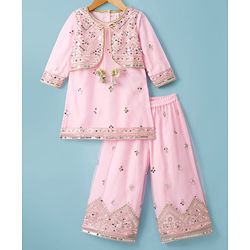 Babyhug Net Woven Three Fourth Sleeves Kurti Palazo Set With Sequin Detailing - Pink